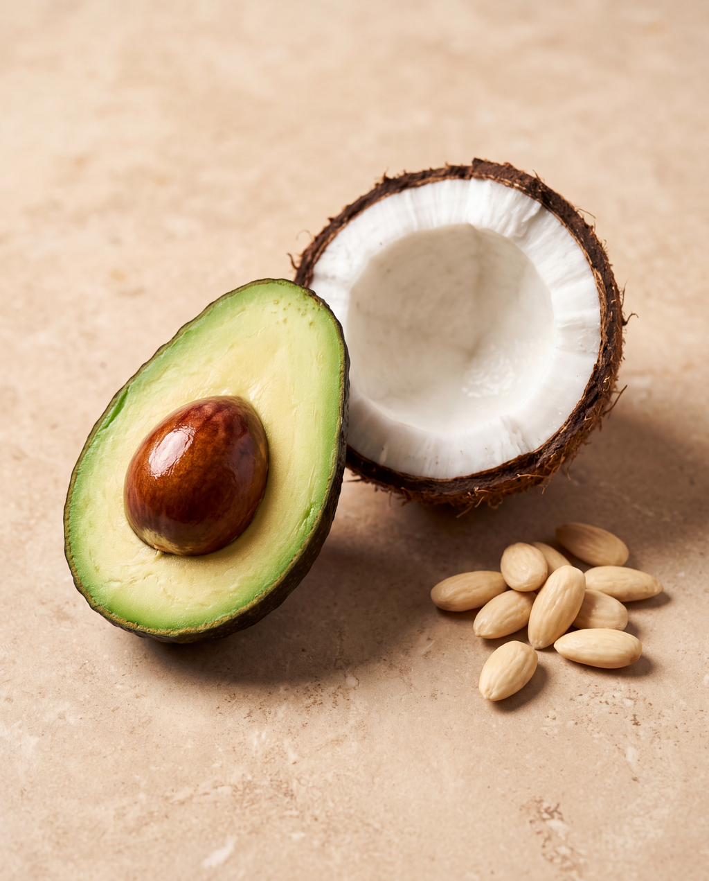 Aguacate, coco y almendra dulce de agricultura ecológica