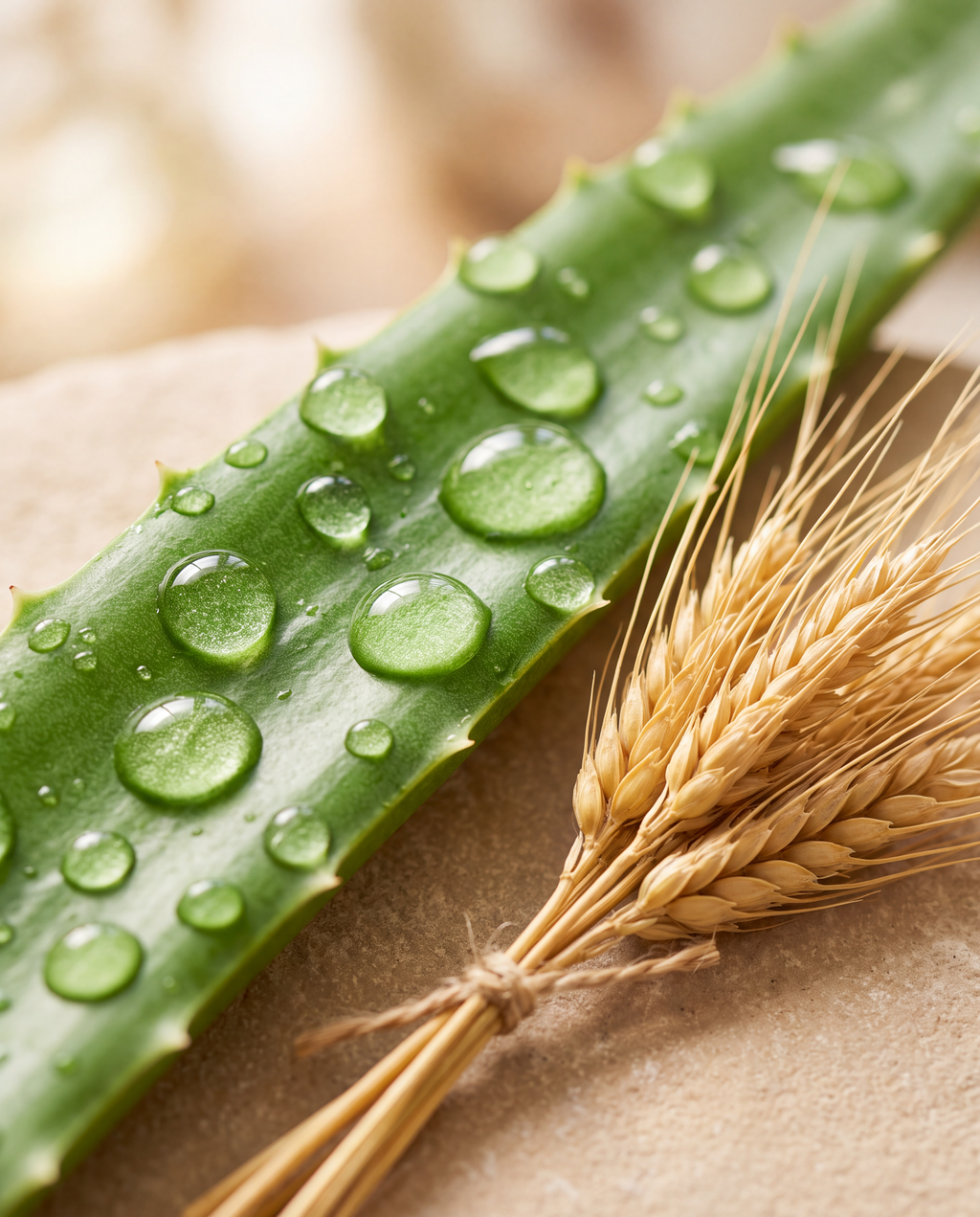 Gotas de agua sobre aloe y espigas de trigo