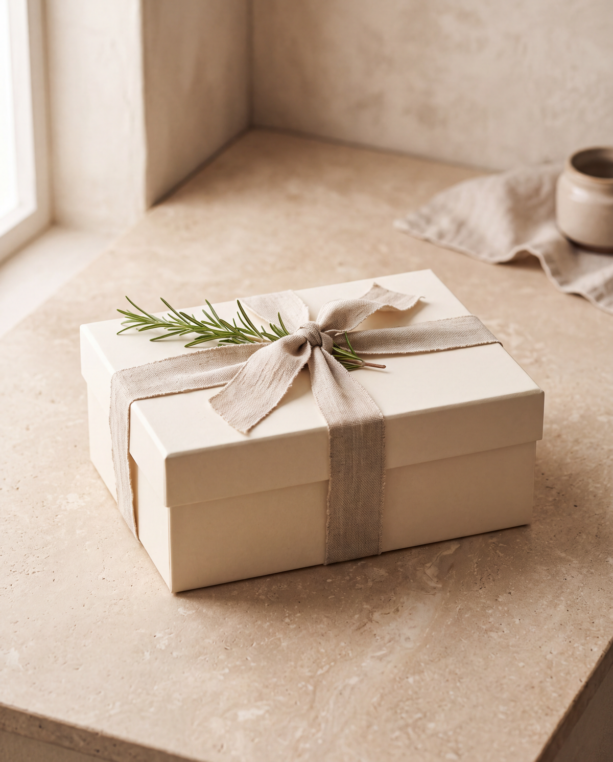 Caja de regalo rígida con lazo de lino y romero