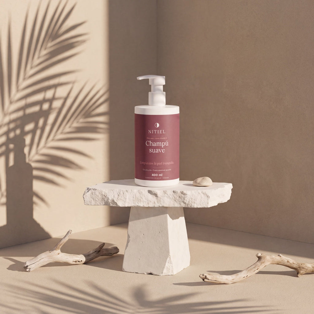 Champú suave de Nitiel sobre un pedestal de piedra, con sombras de palmera