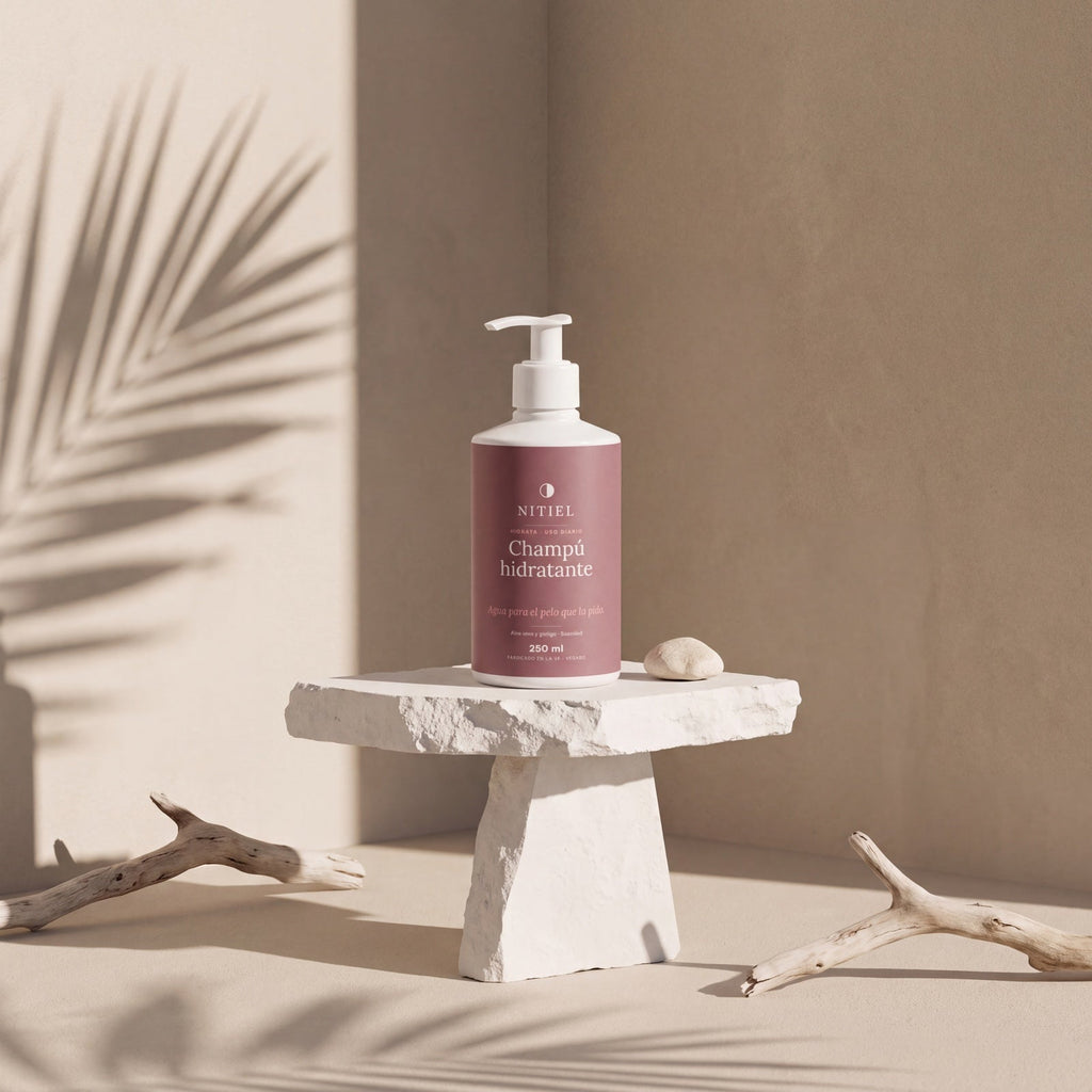 Champú hidratante de Nitiel sobre un pedestal de piedra, con sombras de palmera