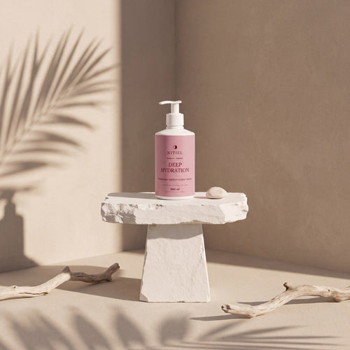 DEEP HYDRATION de Nitiel sobre un pedestal de piedra, con sombras de palmera