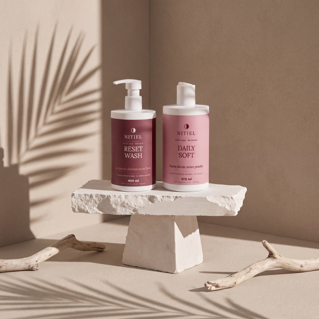 Rutina Nitiel: RESET WASH y DAILY SOFT sobre un pedestal de piedra