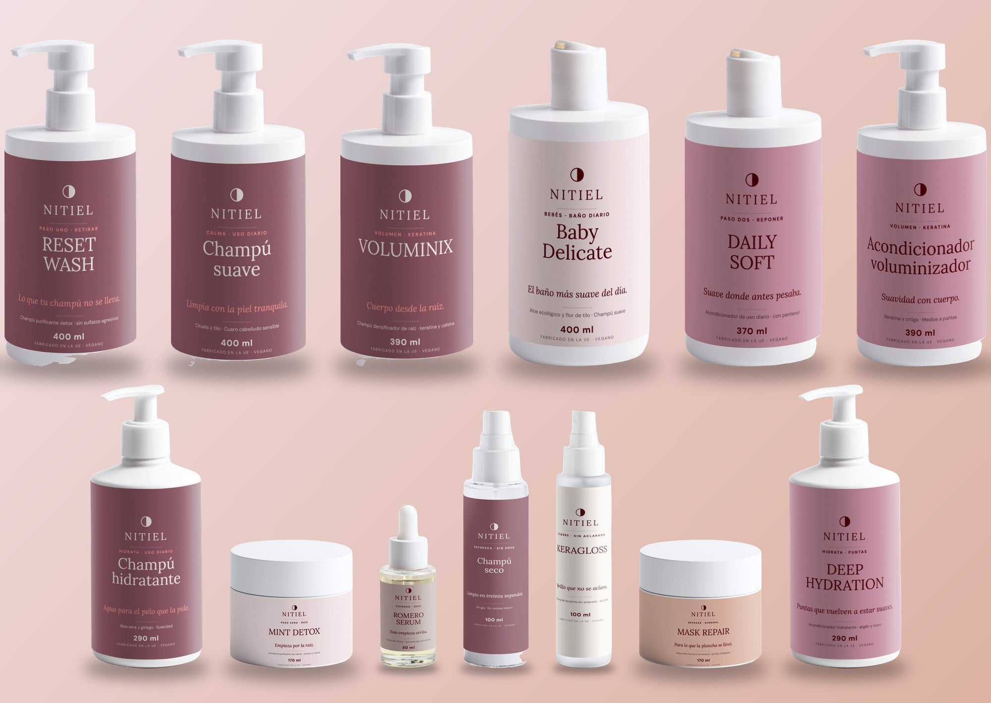 La colección Nitiel: champús, acondicionadores, exfoliante, mascarilla, aceite y bruma